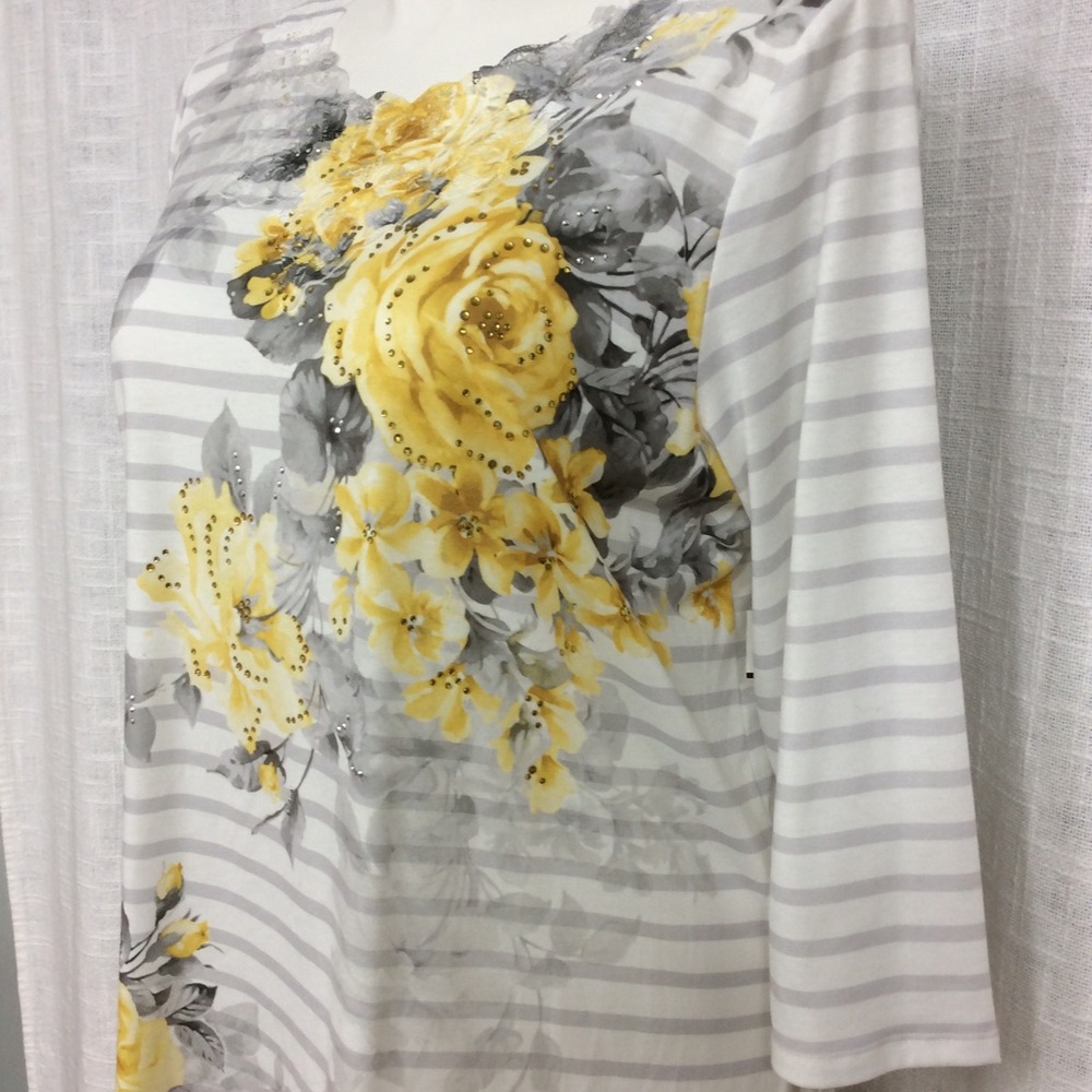 Alfred Dunner Gray/White Striped/Floral Large Top - Picture 6 of 9